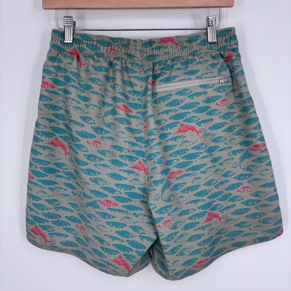 AFTCO Swim‎ Trunks Mens S Tan Green Pink Fish Print Boatbar Shorts Fishing Beach